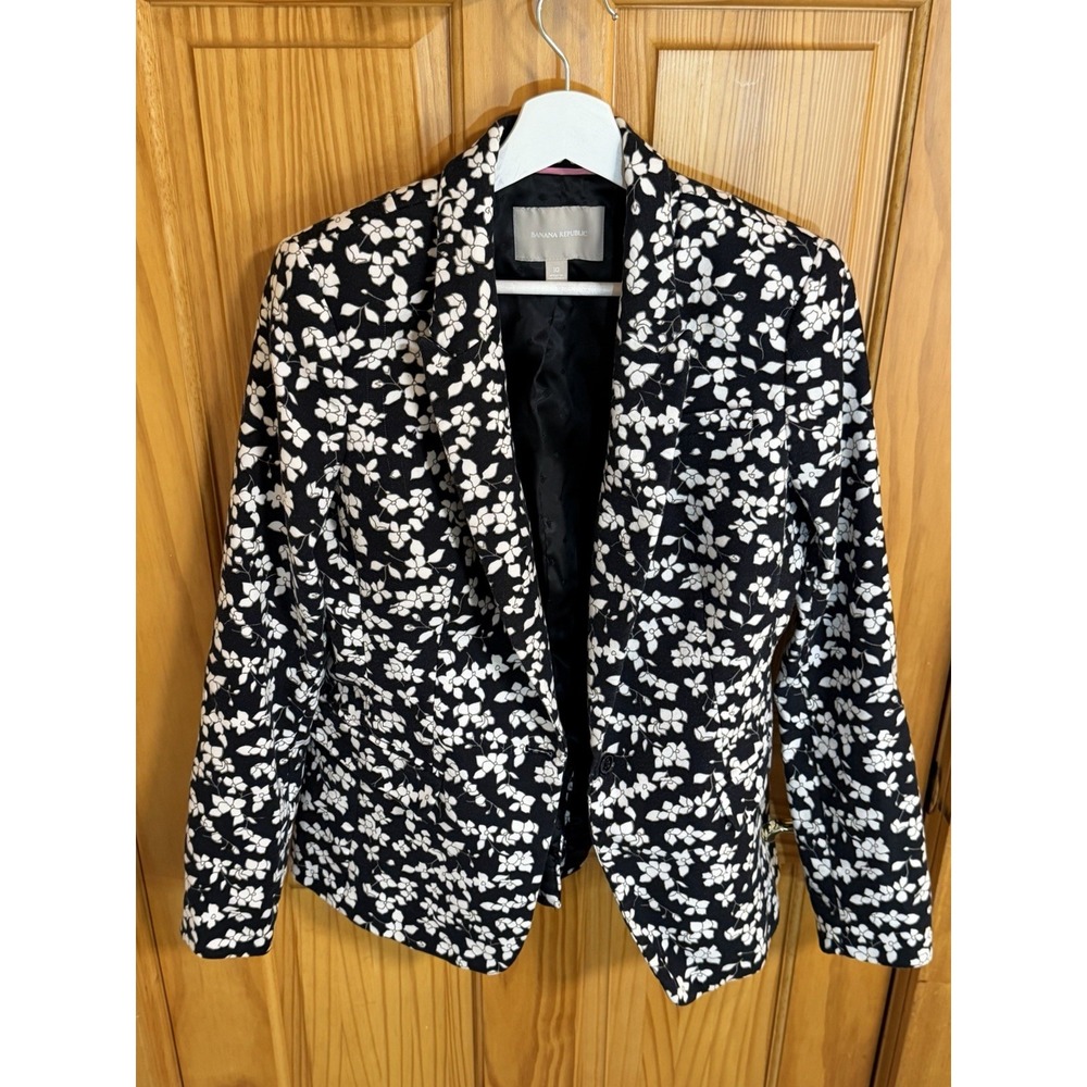 Banana Republic Blazer Women's Size 10 Floral Cherry Blossom Coat Black White